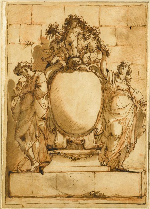 Ubaldo GANDOLFI - Design for a Monument or Frontispiece, with a Male and Female Figure Flanking a Cartouche, Three Putti Holding a Garland Above | MasterArt